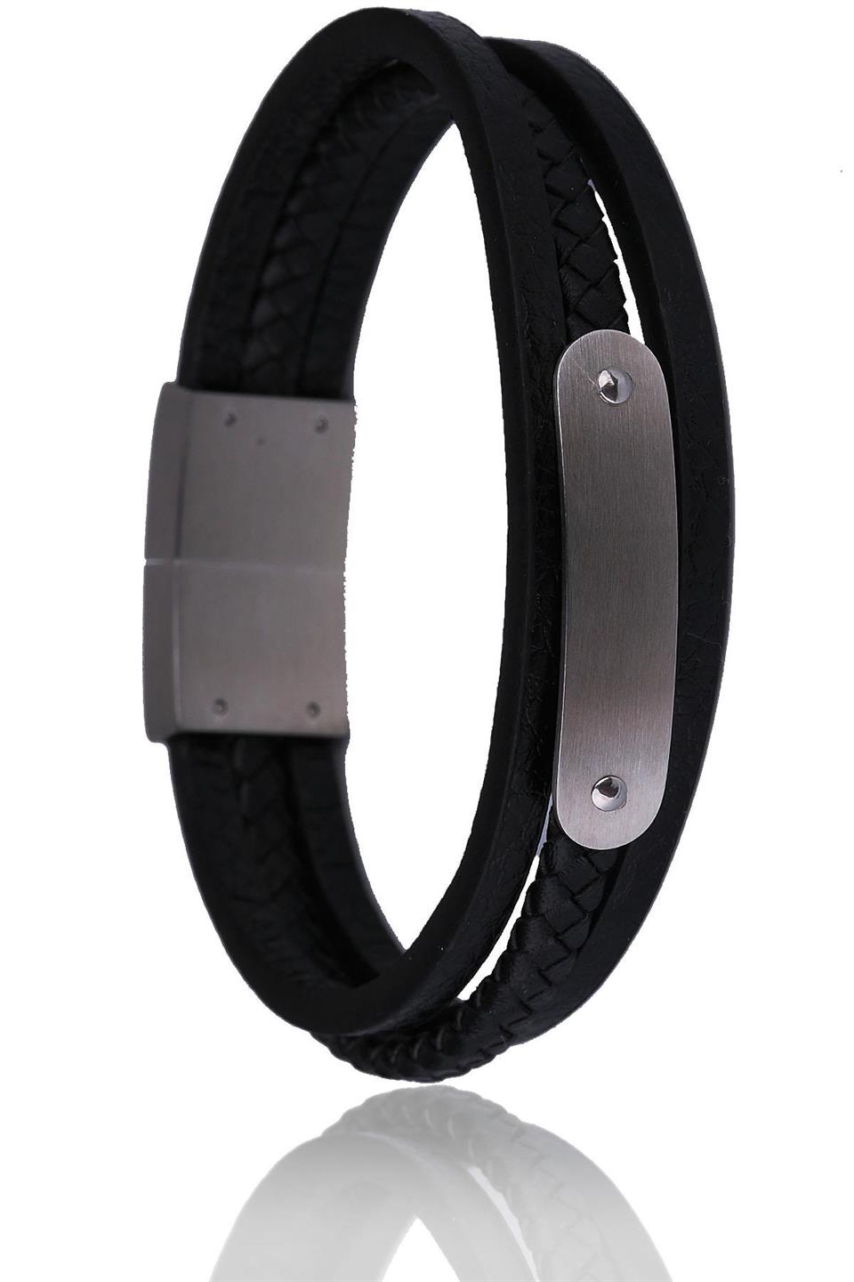 Siyah Deri Çelik Erkek Bileklik BLK1554