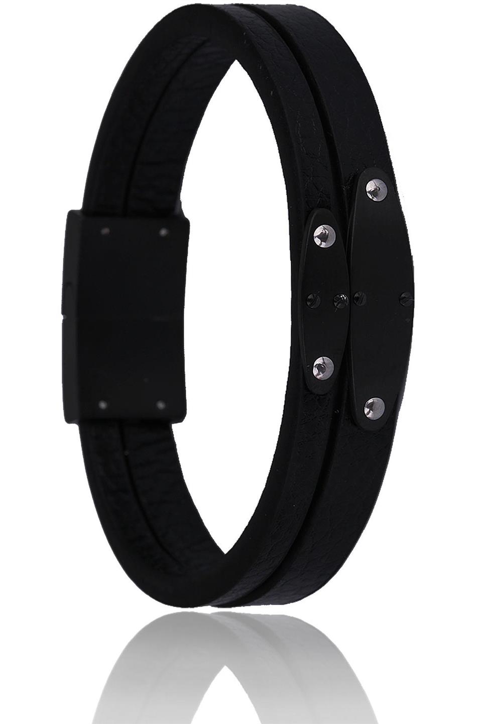 Siyah Deri Çelik Erkek Bileklik BLK1556