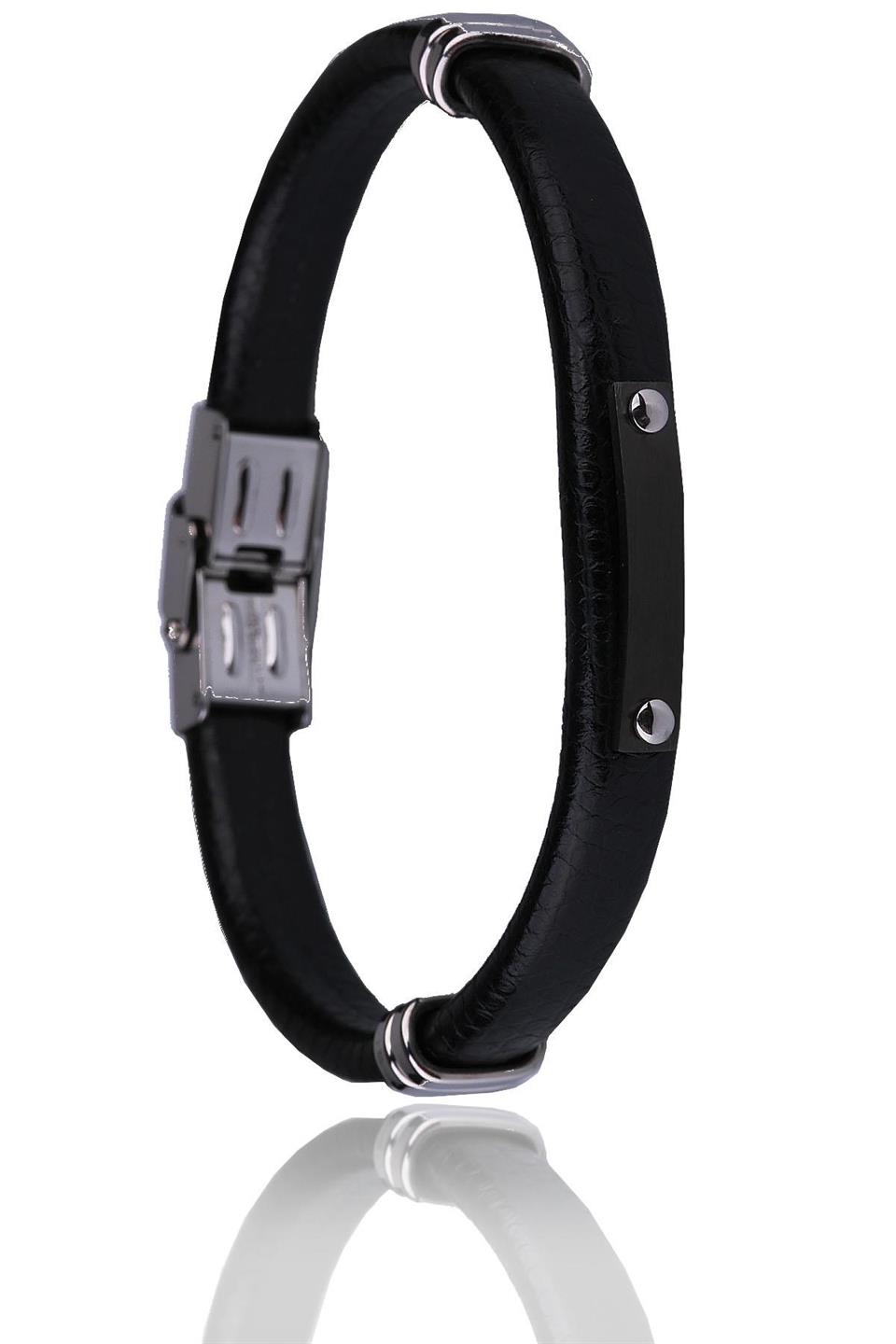 Siyah Deri Çelik Erkek Bileklik BLK1568