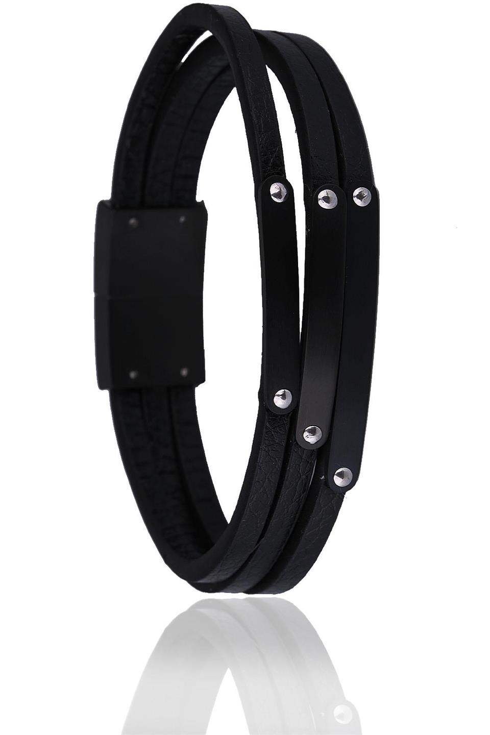 Siyah Deri Çelik Erkek Bileklik BLK1582