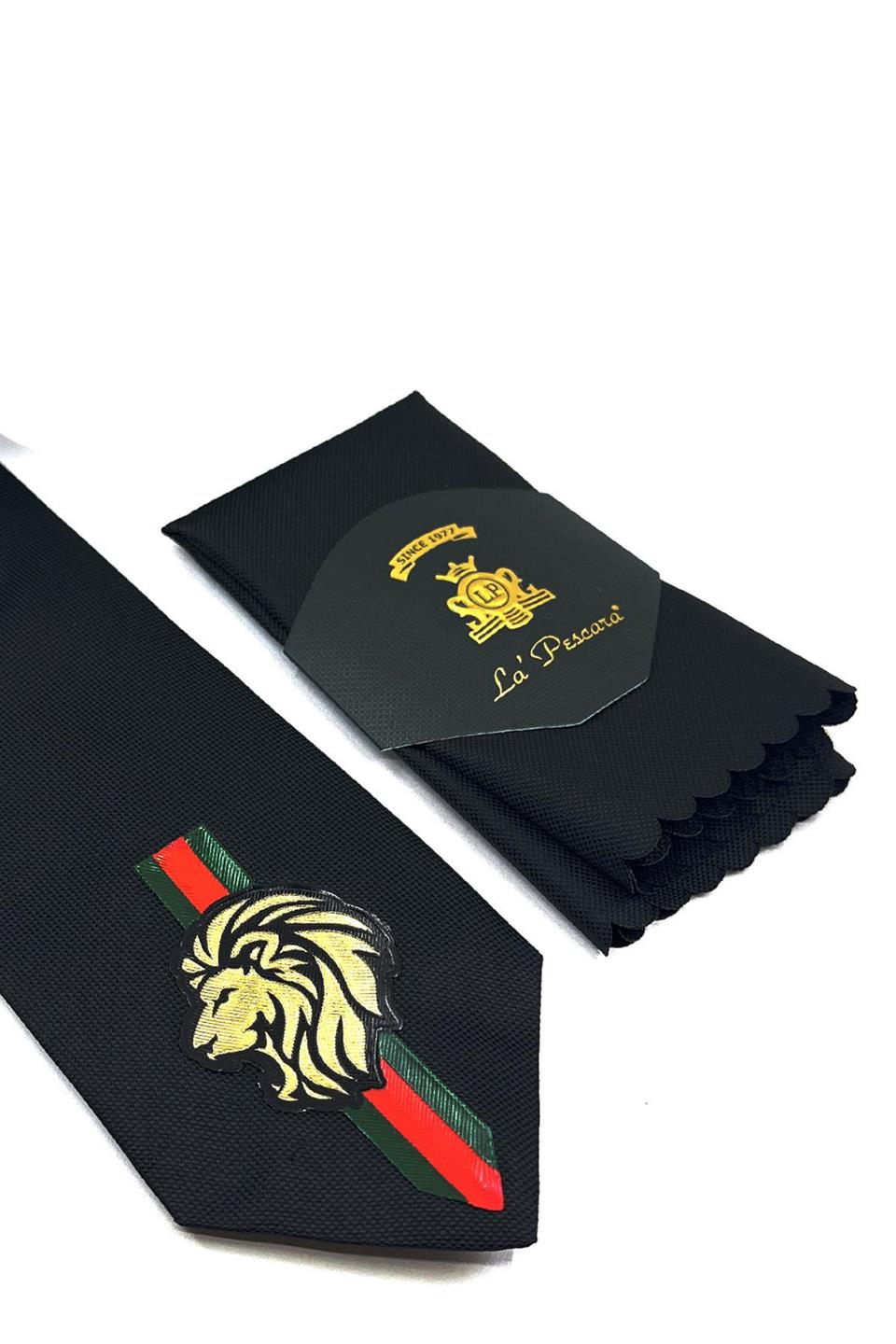 Siyah Düz Aslan Arma Baskılı Kravat KK11687