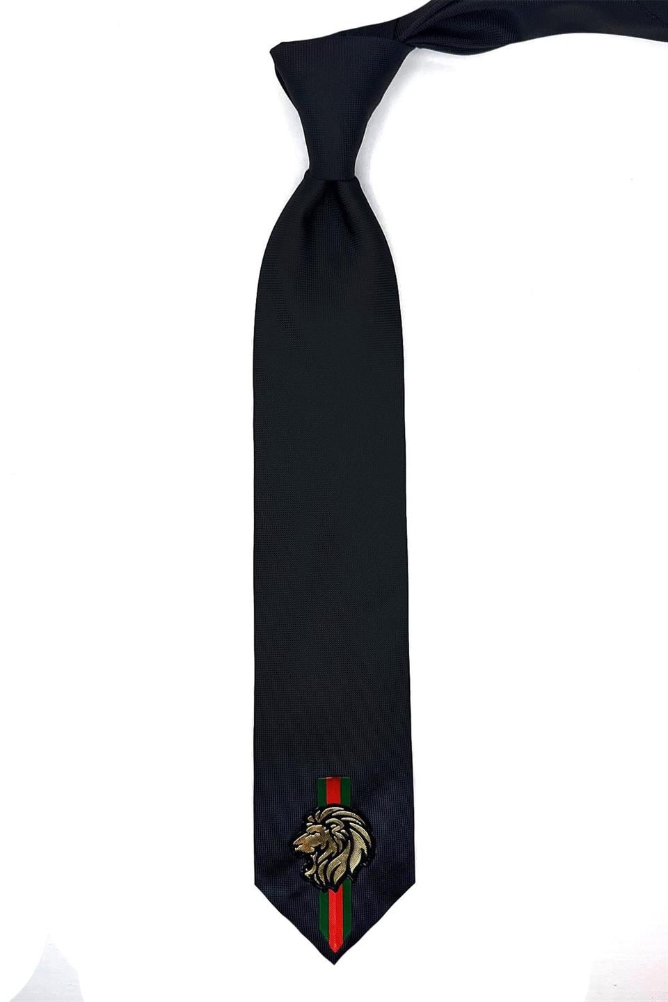 Siyah Düz Aslan Arma Baskılı Kravat KK11687