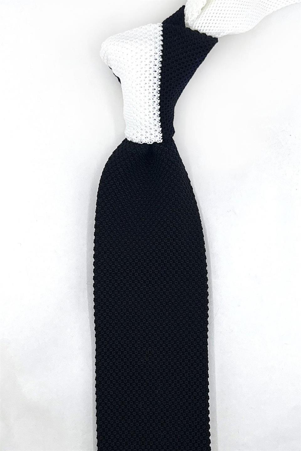 Siyah Düz Beyaz Detaylı Örgü Kravat ÖR8328