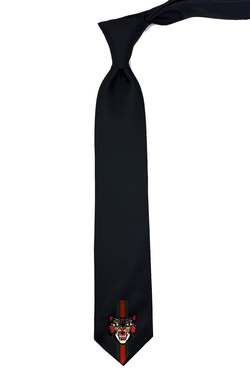 Siyah Düz Kaplan Arma Baskılı Kravat KK11688