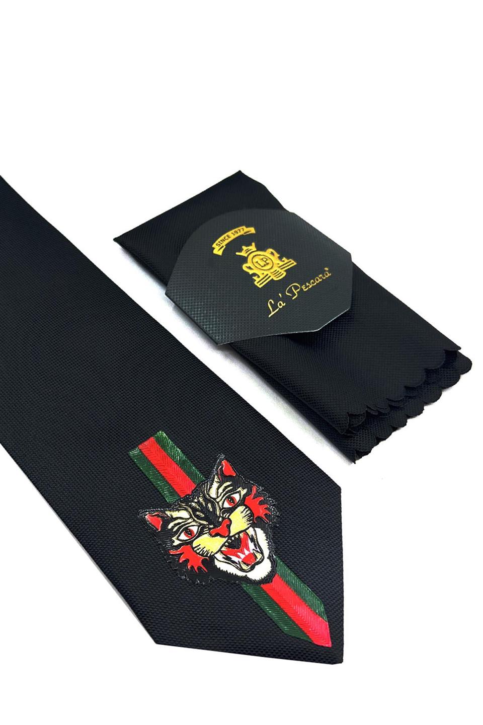 Siyah Düz Kaplan Arma Baskılı Kravat KK11688