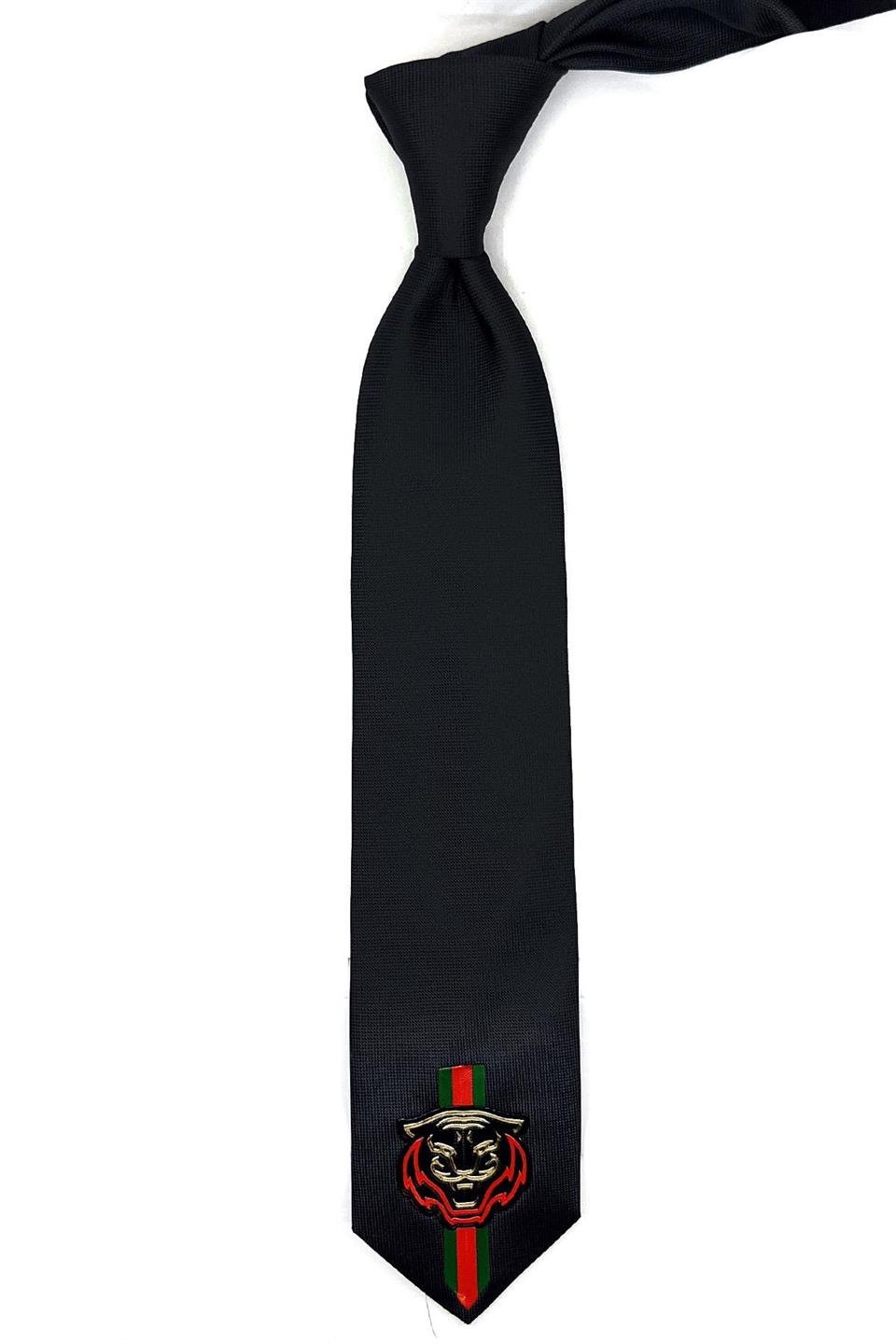 Siyah Düz Kaplan Arma Baskılı Kravat KK11700