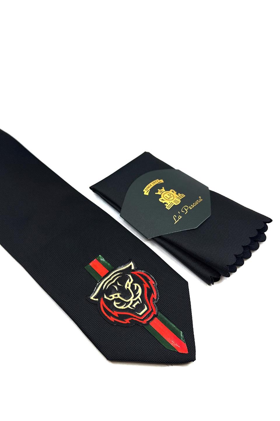 Siyah Düz Kaplan Arma Baskılı Kravat KK11700