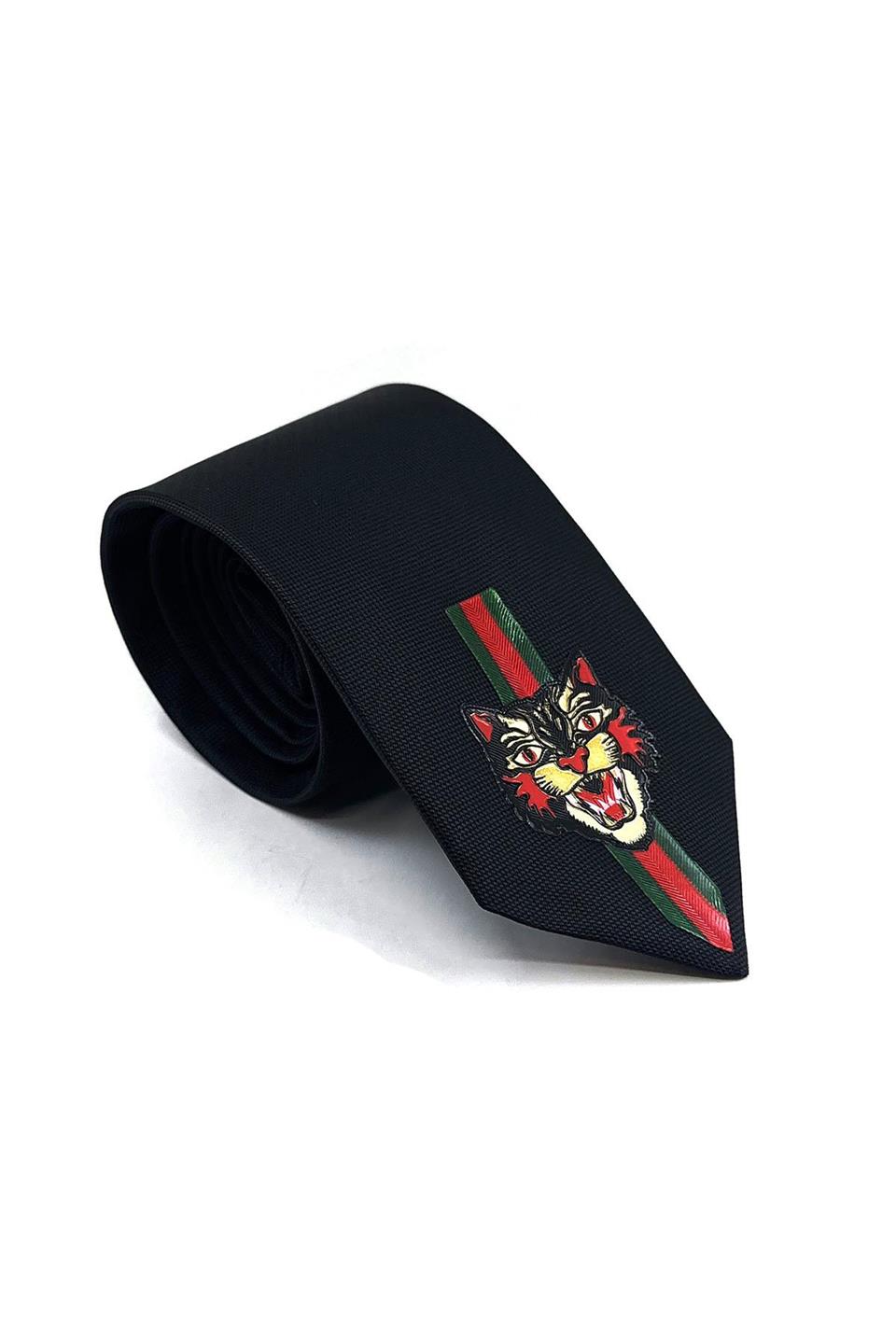 Siyah Düz Kaplan Arma Baskılı Kravat KK11688