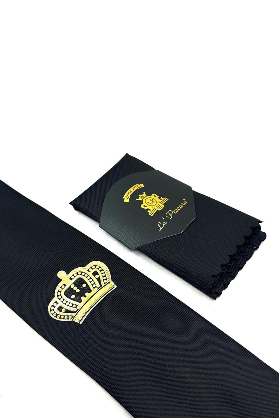 Siyah Düz Kral Tacı Arma Baskılı Kravat KK11689