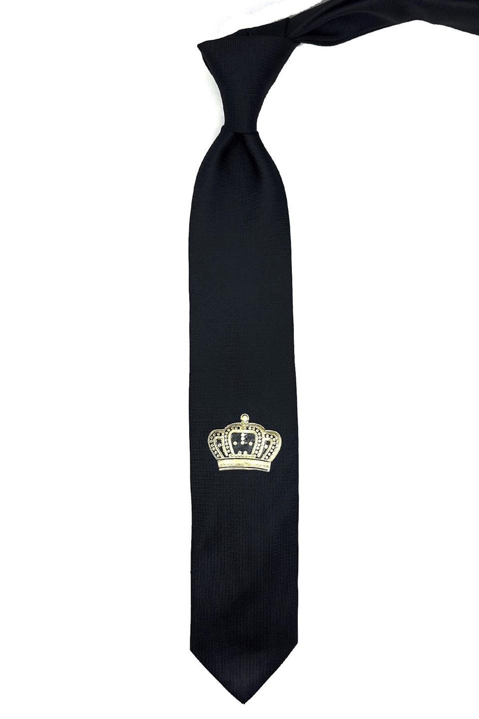 Siyah Düz Kral Tacı Arma Baskılı Kravat KK11689