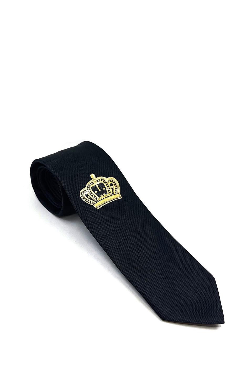 Siyah Düz Kral Tacı Arma Baskılı Kravat KK11689