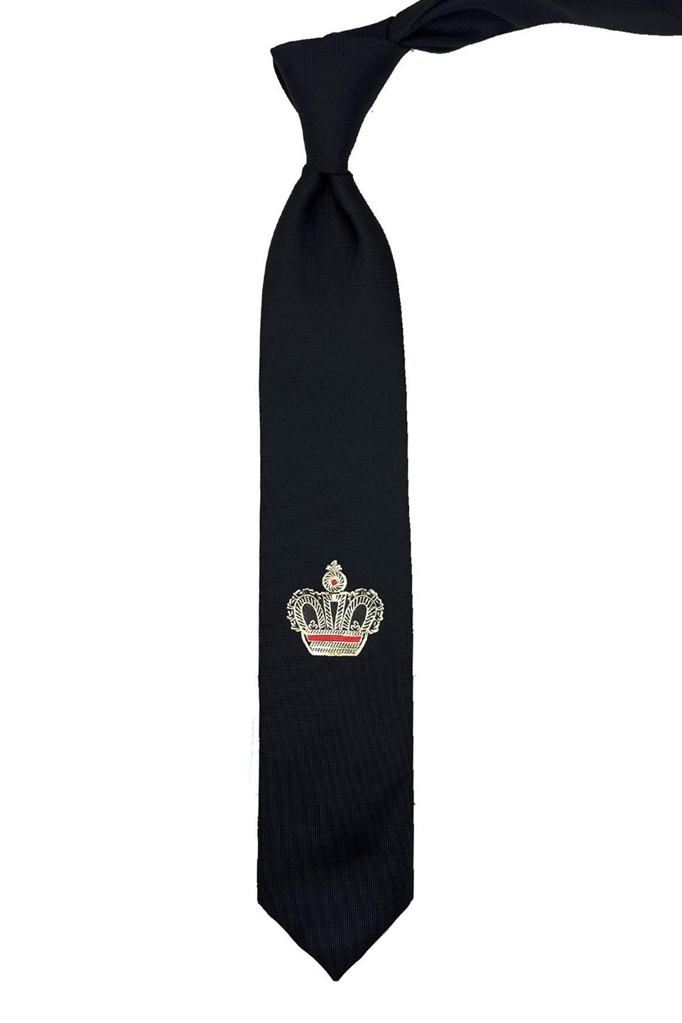 Siyah Düz Kral Tacı Arma Baskılı Kravat KK11692