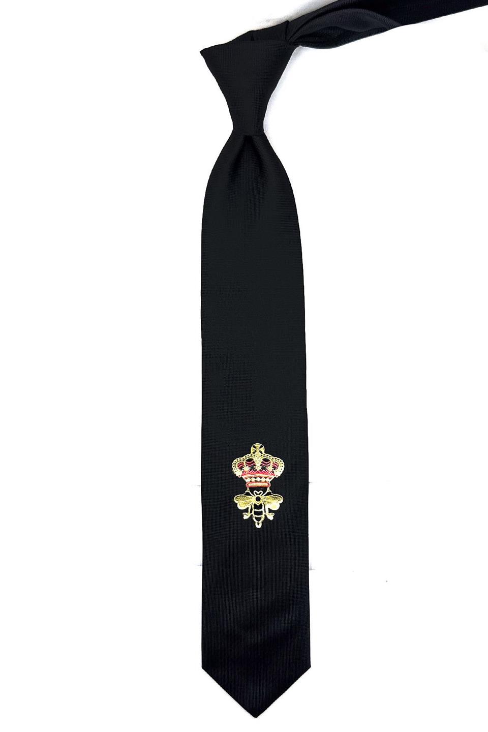 Siyah Düz Kraliyet Arma Baskılı Kravat KK11694