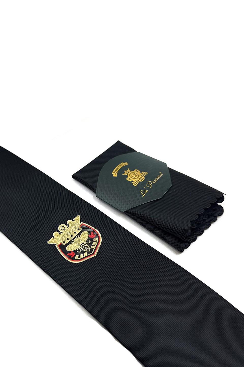 Siyah Düz Kraliyet Arma Baskılı Kravat KK11707