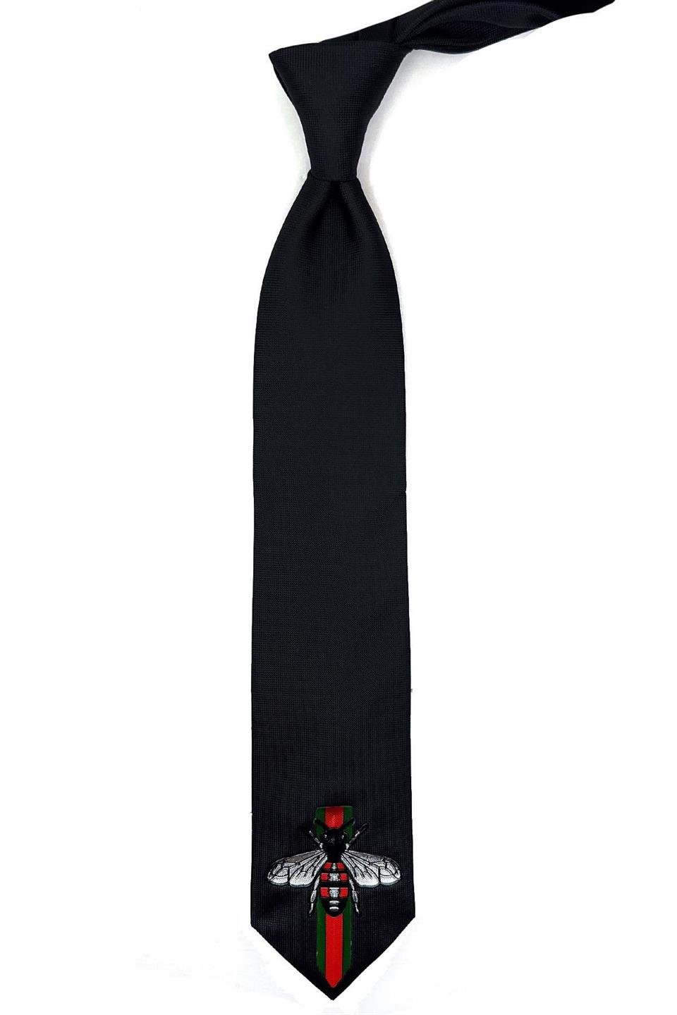 Siyah Düz Sinek Arma Baskılı Kravat KK11696