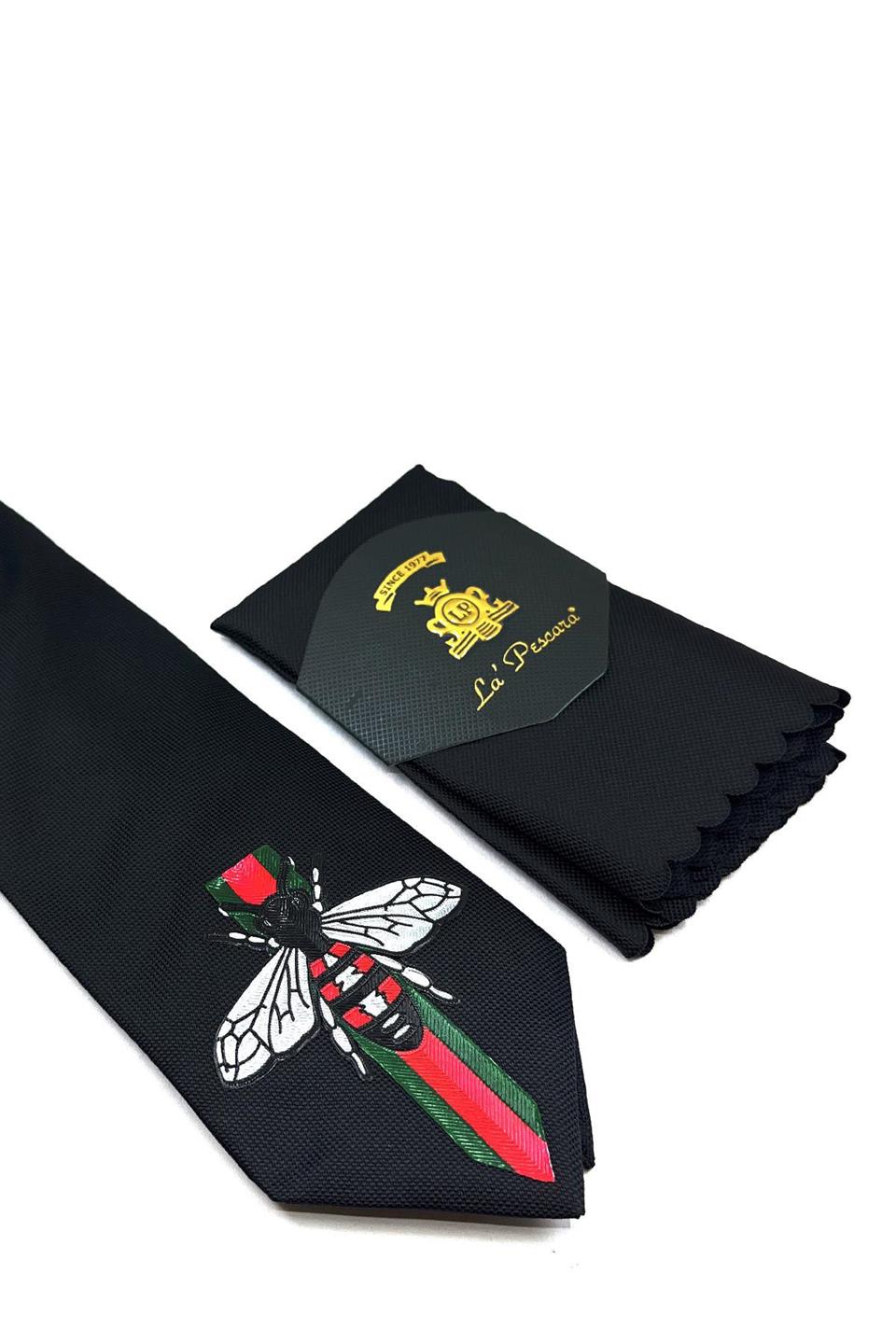 Siyah Düz Sinek Arma Baskılı Kravat KK11696