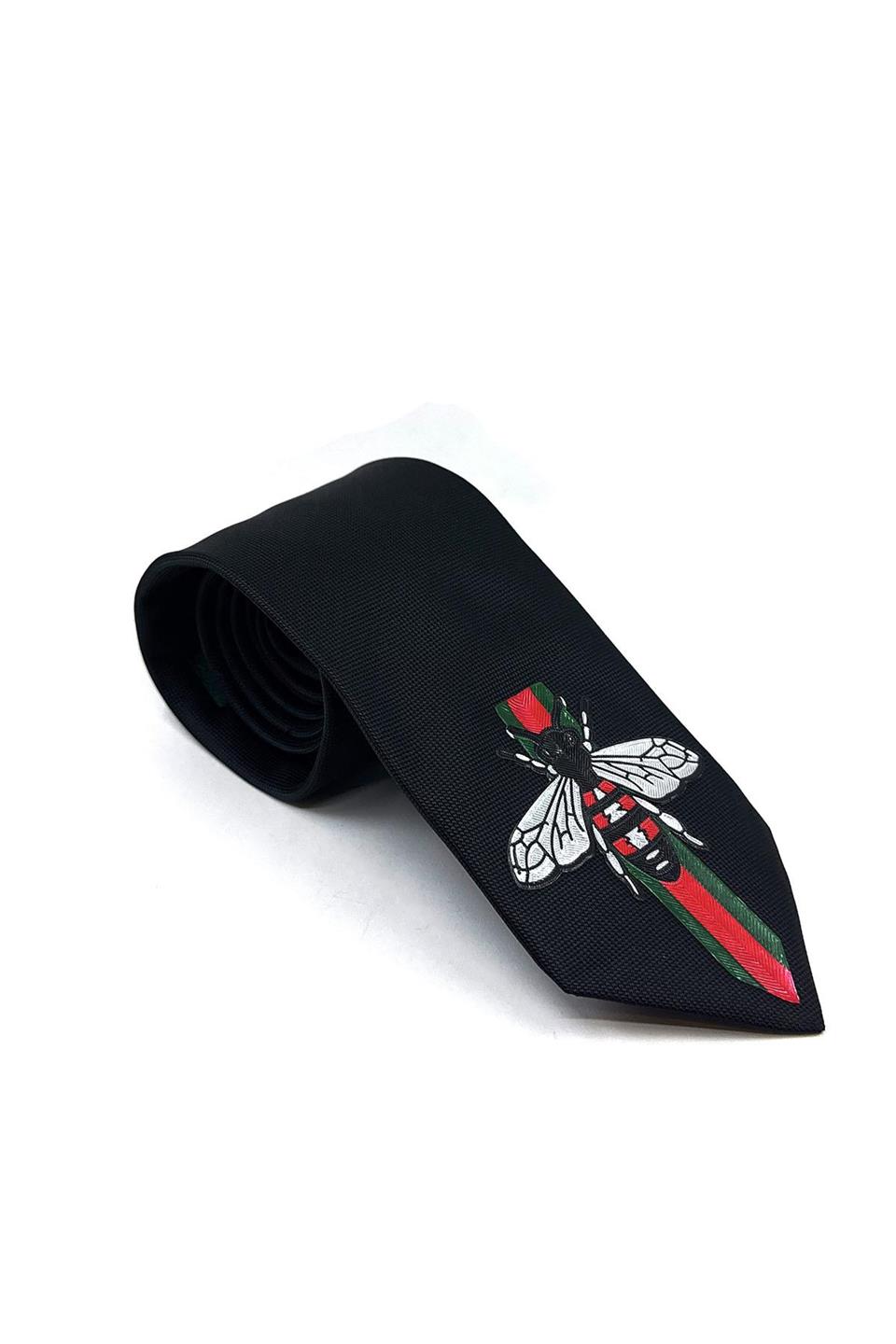 Siyah Düz Sinek Arma Baskılı Kravat KK11696