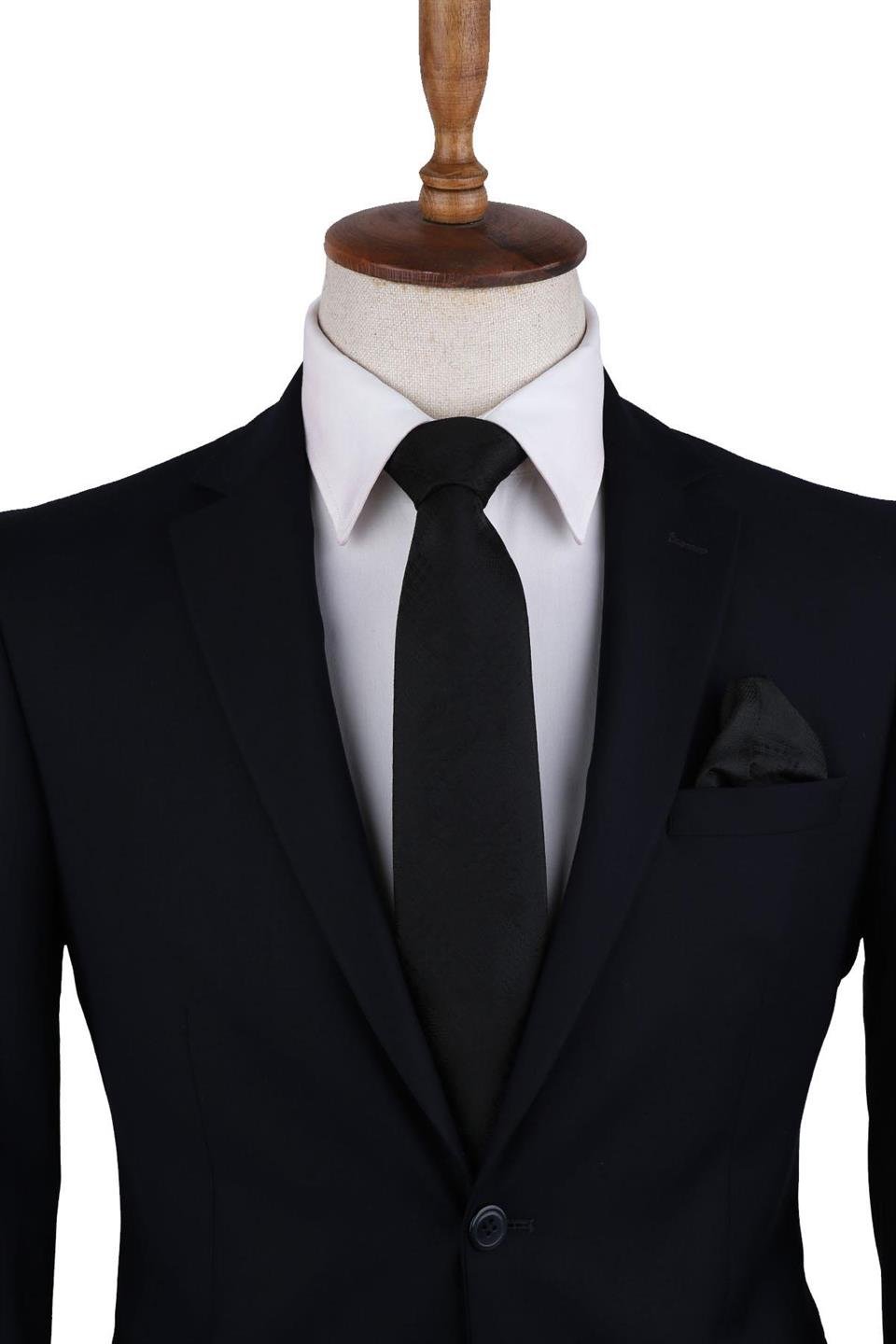 Siyah Ekose Desen Mendilli Klasik Kravat KK10452