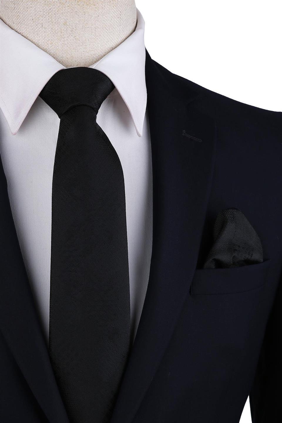 Siyah Ekose Desen Mendilli Klasik Kravat KK10452