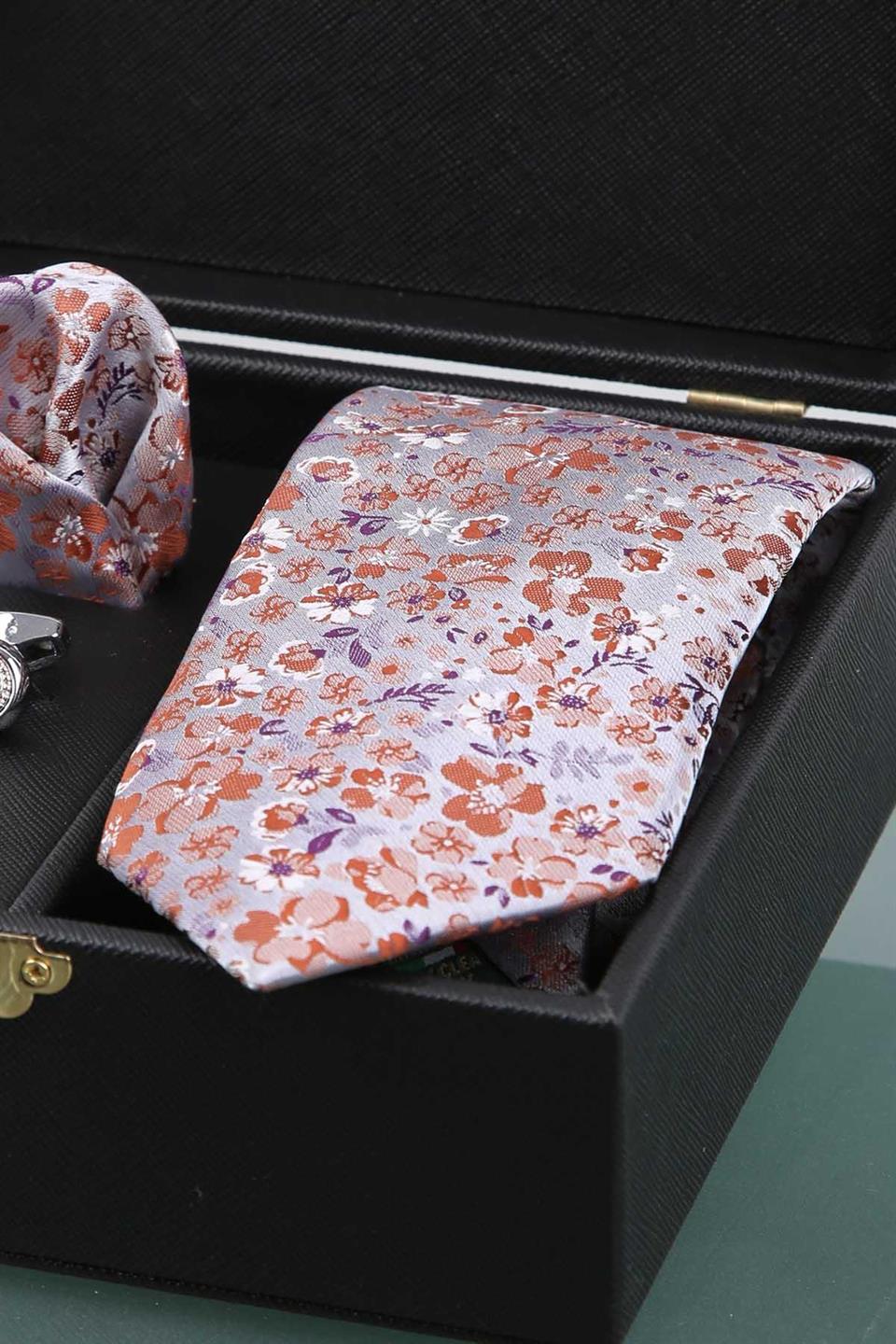 Siyah Erkek Hediye Kutusu - Mendilli Kravat Kol Düğmesi Kravat İğnesi KMK79