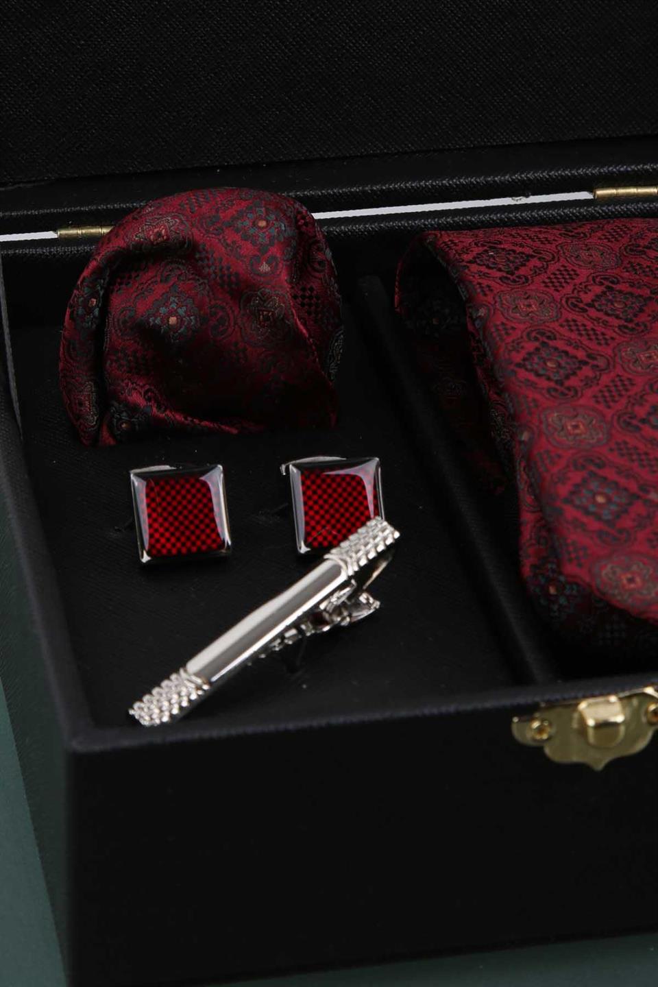 Siyah Erkek Hediye Kutusu - Mendilli Kravat Kol Düğmesi Kravat İğnesi KMK78