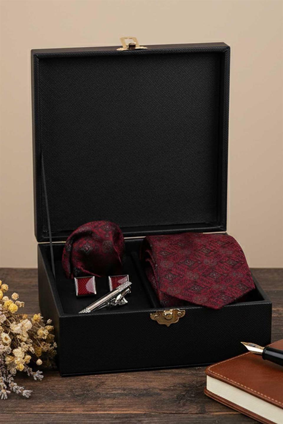Siyah Erkek Hediye Kutusu - Mendilli Kravat Kol Düğmesi Kravat İğnesi KMK78