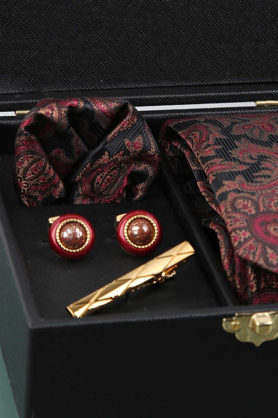 Siyah Erkek Hediye Kutusu - Mendilli Kravat Kol Düğmesi Kravat İğnesi KMK80