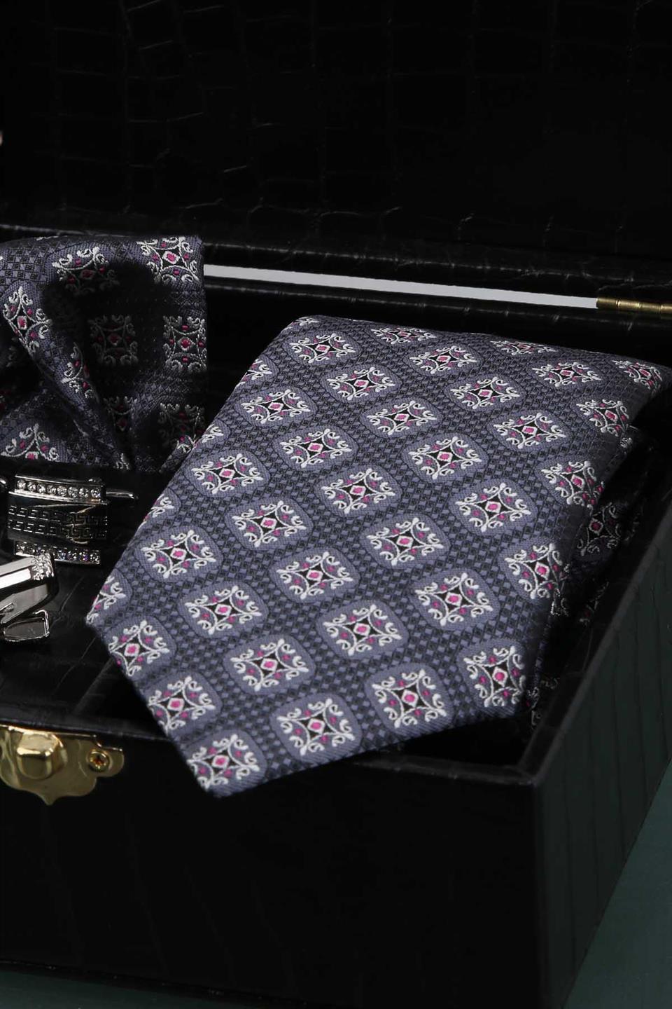 Siyah Erkek Hediye Kutusu - Mendilli Kravat Kol Düğmesi Kravat İğnesi KMK75