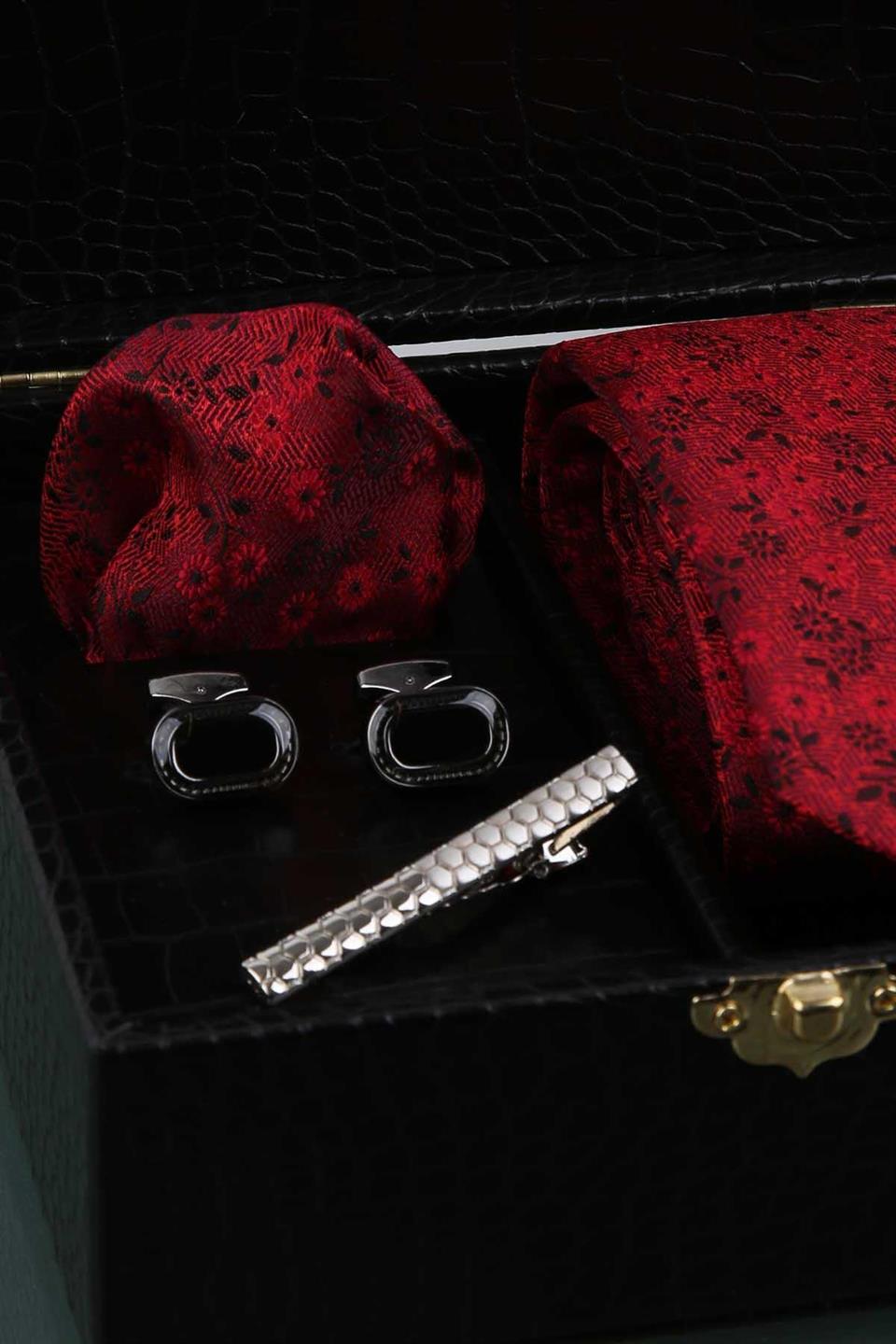 Siyah Erkek Hediye Kutusu - Mendilli Kravat Kol Düğmesi Kravat İğnesi KMK74