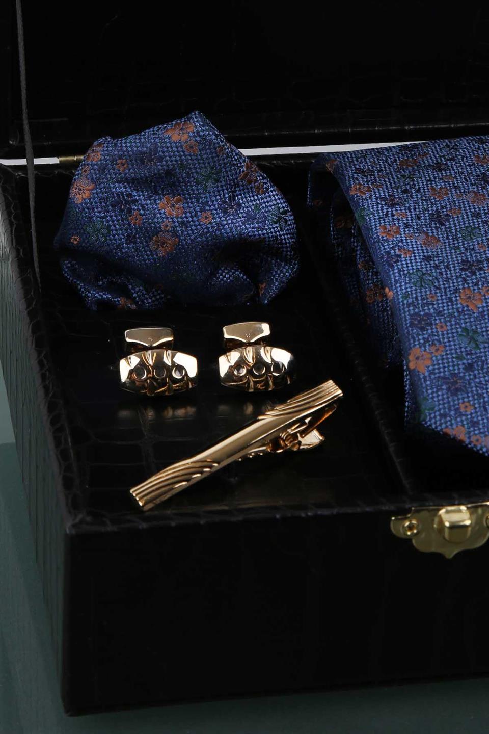 Siyah Erkek Hediye Kutusu - Mendilli Kravat Kol Düğmesi Kravat İğnesi KMK73