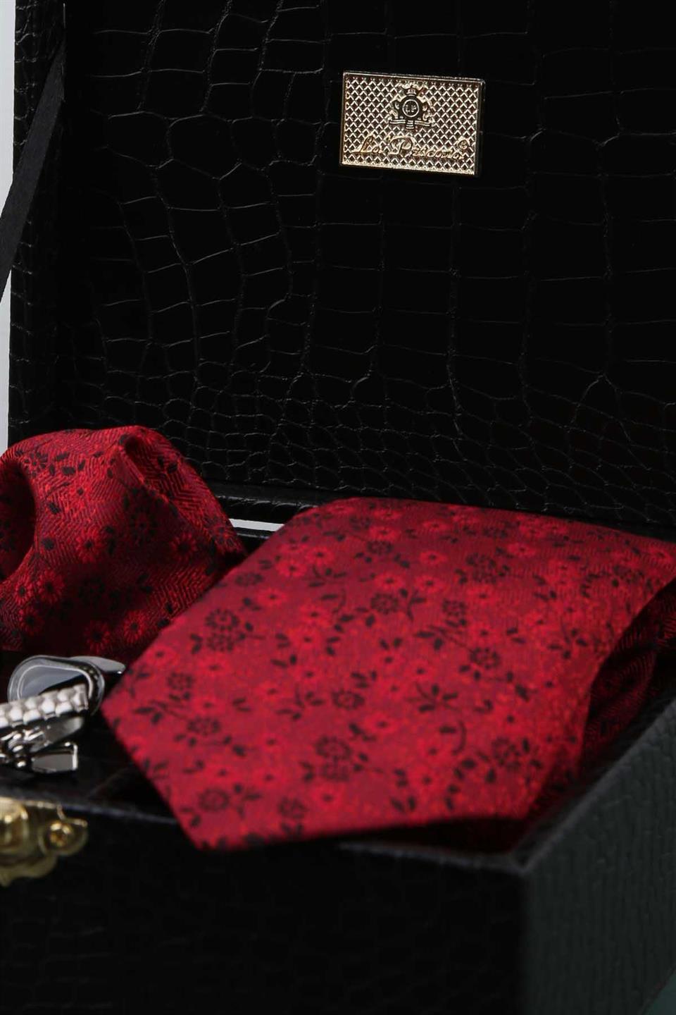 Siyah Erkek Hediye Kutusu - Mendilli Kravat Kol Düğmesi Kravat İğnesi KMK74