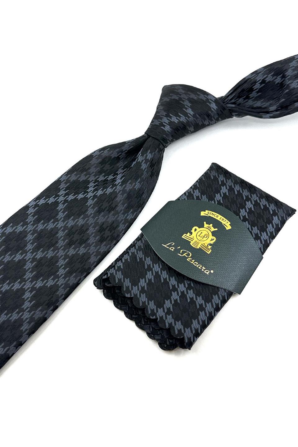 Siyah - Füme Motif Desen Mendilli Klasik Kravat KK12022