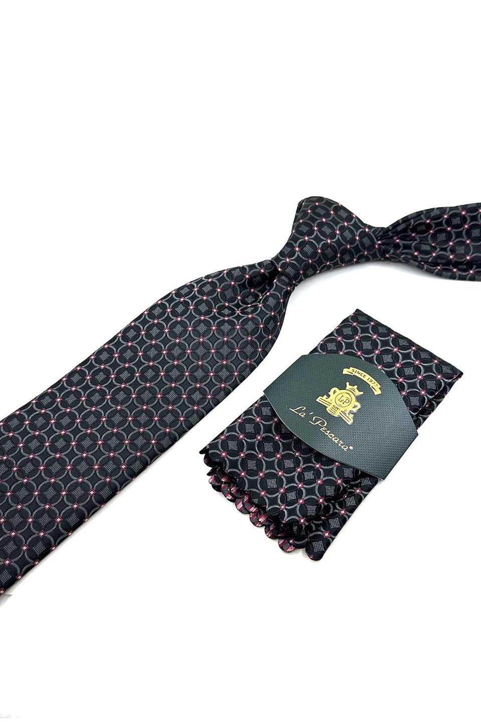 Siyah - Füme Motif Desen Mendilli Klasik Kravat KK12387