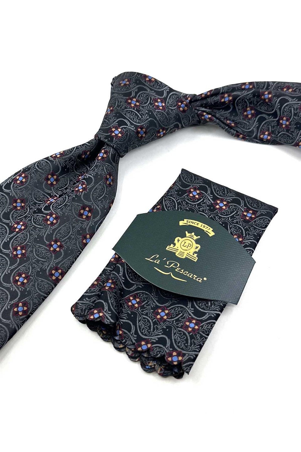 Siyah Füme Motif Desen Mendilli Klasik Kravat KK13887