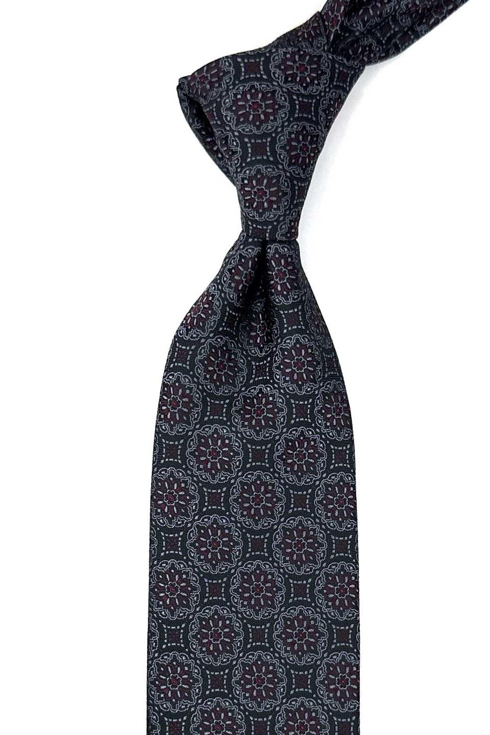 Siyah - Füme Motif Desen Mendilli Klasik Kravat KK12679