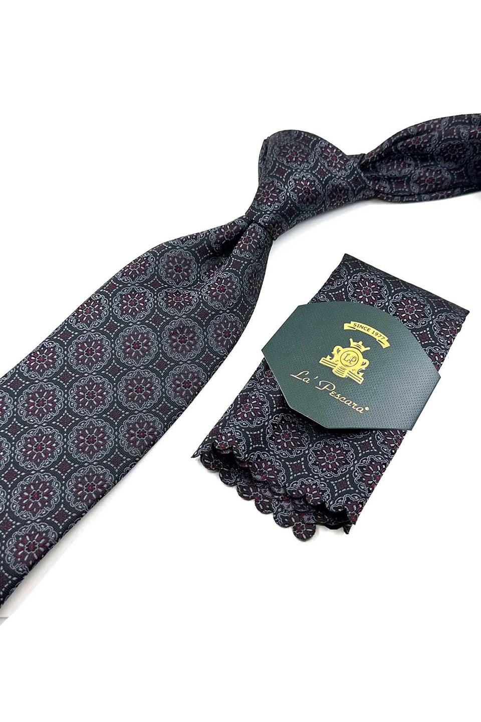 Siyah - Füme Motif Desen Mendilli Klasik Kravat KK12679