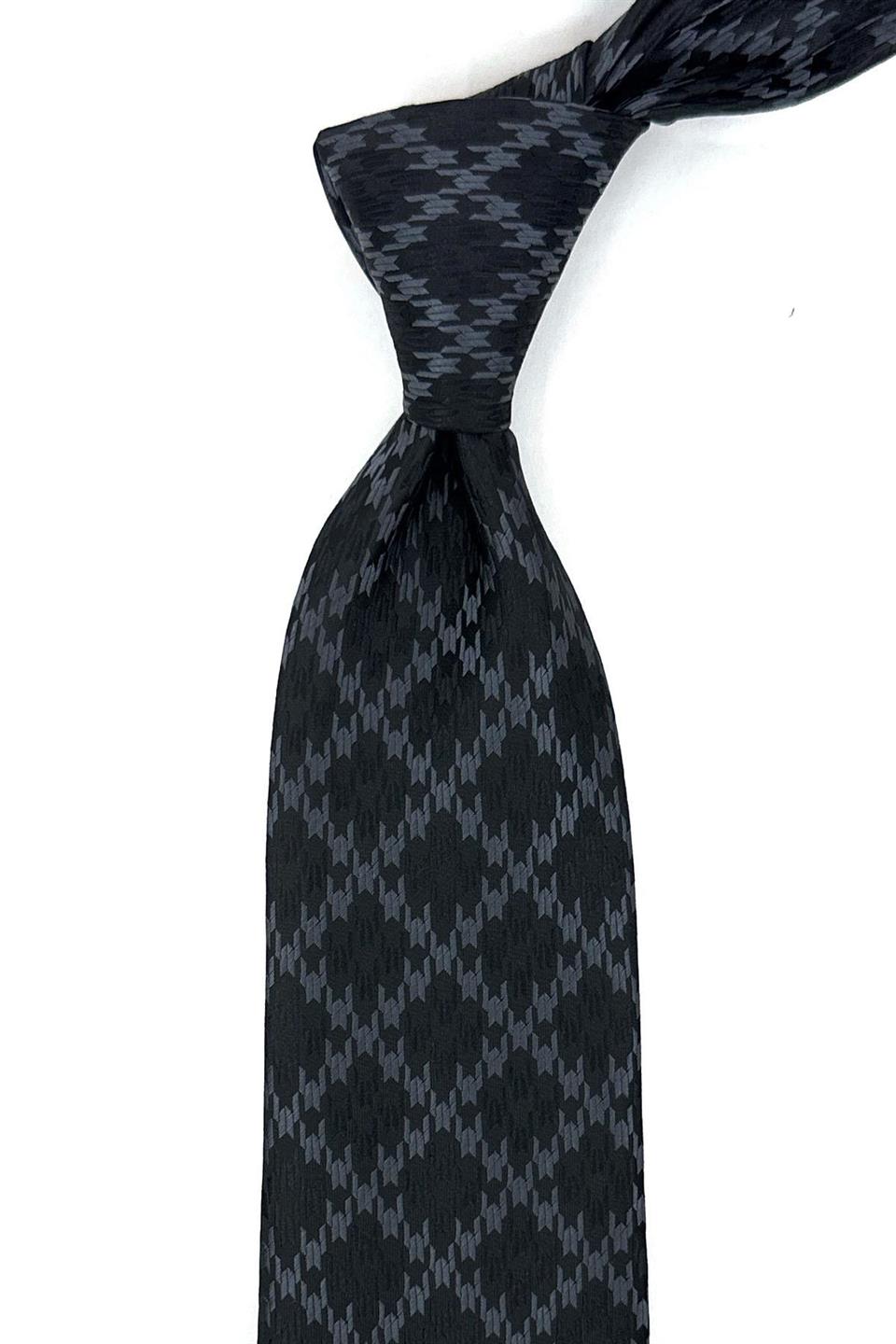 Siyah - Füme Motif Desen Mendilli Klasik Kravat KK12022