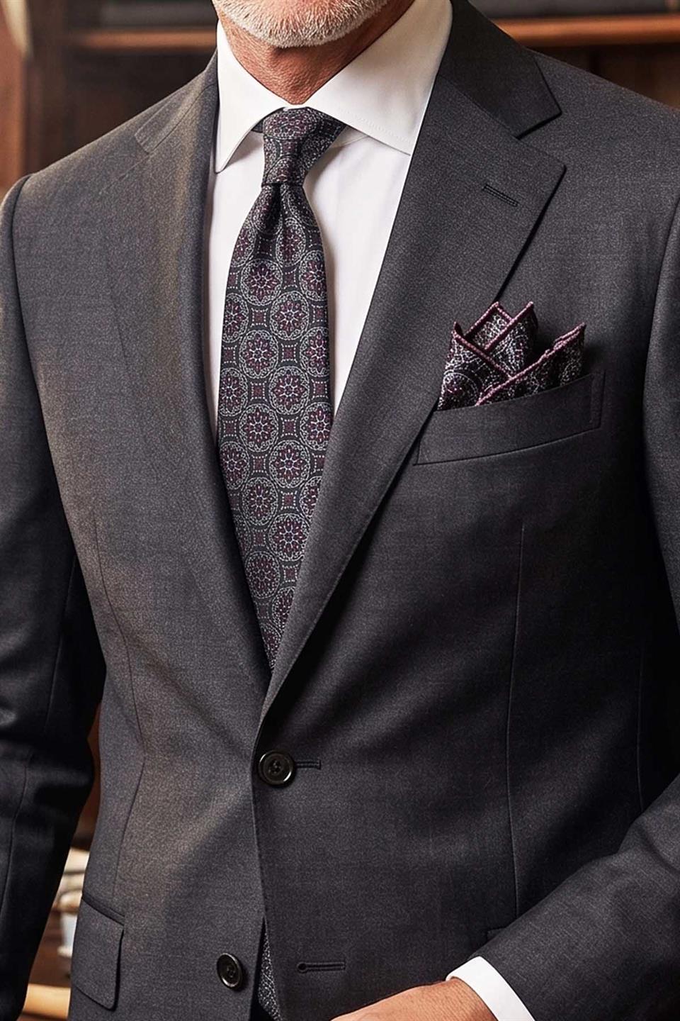Siyah - Füme Motif Desen Mendilli Klasik Kravat KK12679