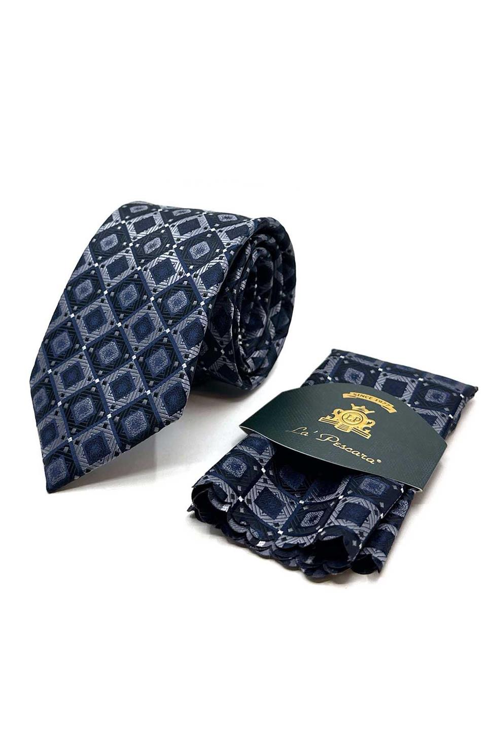 Siyah - Gri Kare Desen Mendilli Klasik Kravat KK12870