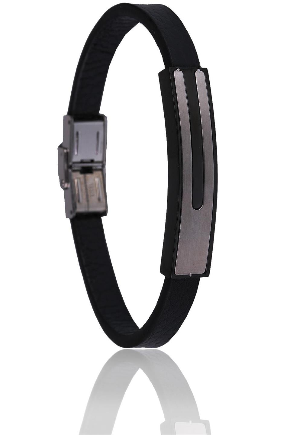 Siyah - Gümüş Renk Deri Çelik Erkek Bileklik BLK1547