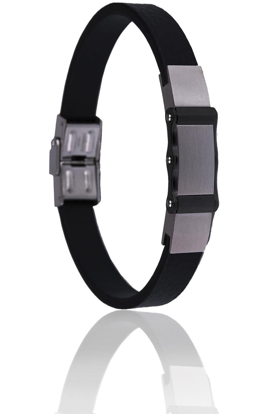 Siyah - Gümüş Renk Deri Çelik Erkek Bileklik BLK1538