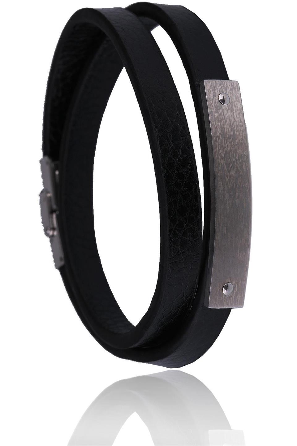 Siyah - Gümüş Renk Deri Çelik Erkek Bileklik BLK1552