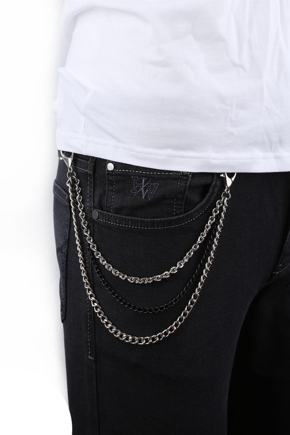 Siyah Gümüş Renk Üçlü Pantolon Zinciri PZ56
