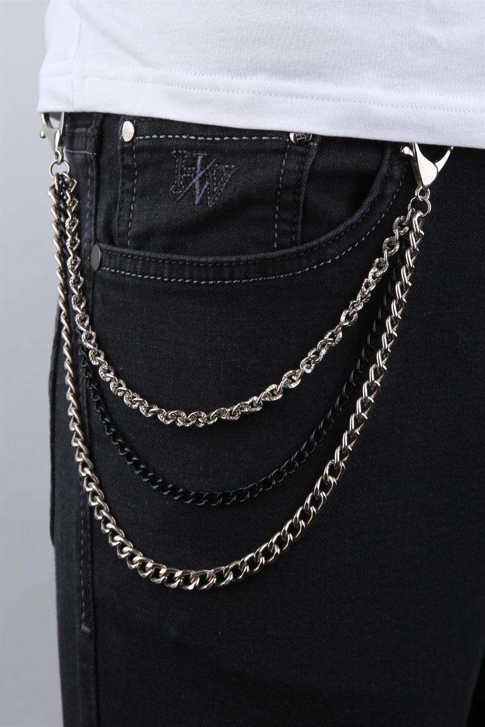 Siyah Gümüş Renk Üçlü Pantolon Zinciri PZ56