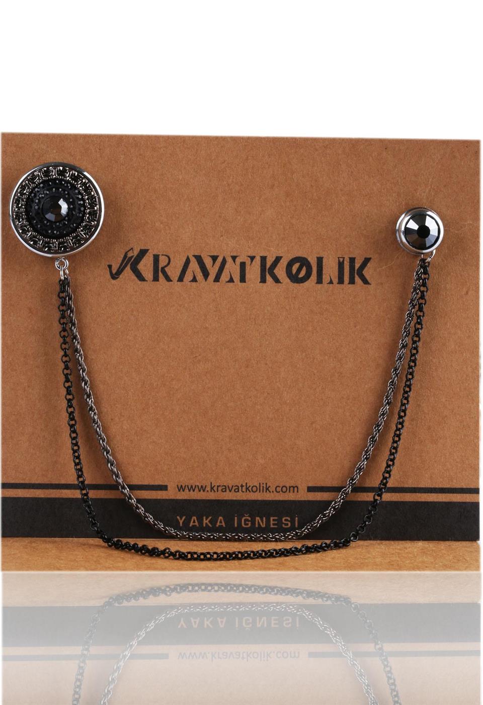 Siyah Hematit Taşlı Zincirli Yaka İğnesi YI213