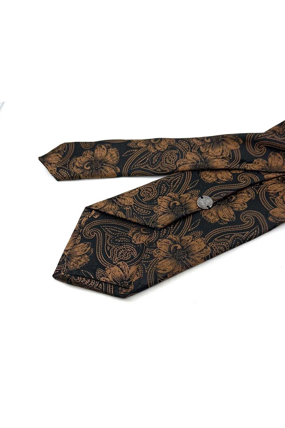 Siyah - Kahve Çiçek Desen Mendilli Klasik Kravat KK12947