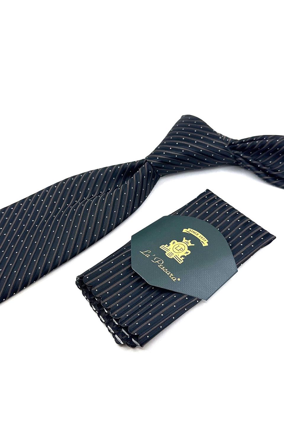 Siyah - Kahve Çizgi Desen Mendilli Klasik Kravat KK11903