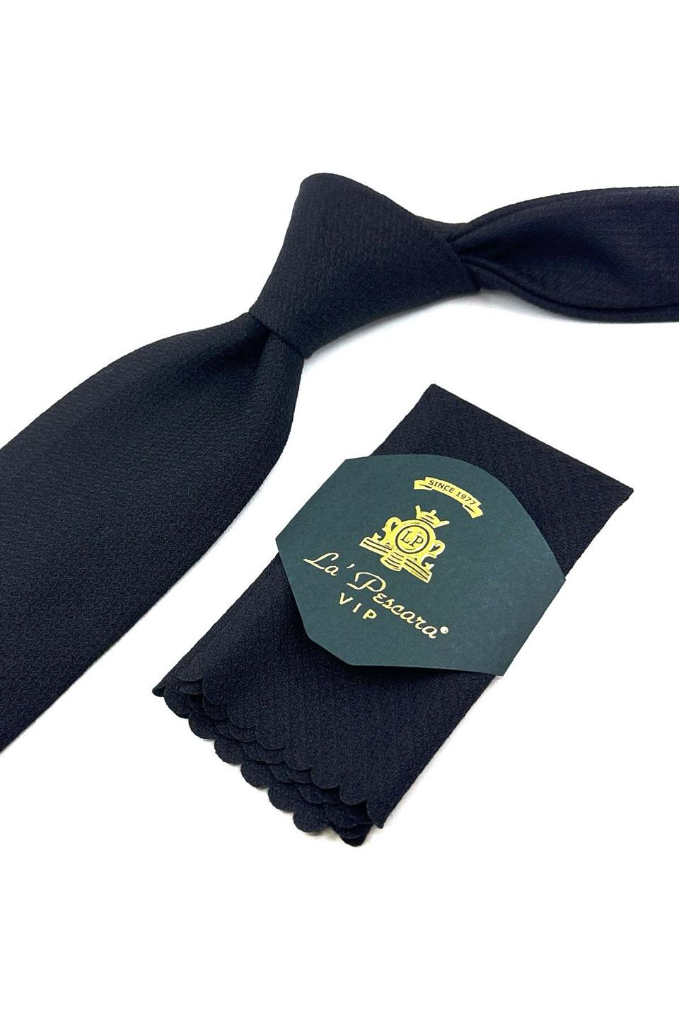 Siyah - Kahve Düz Desen Mendilli Klasik Yün Kravat KK12097