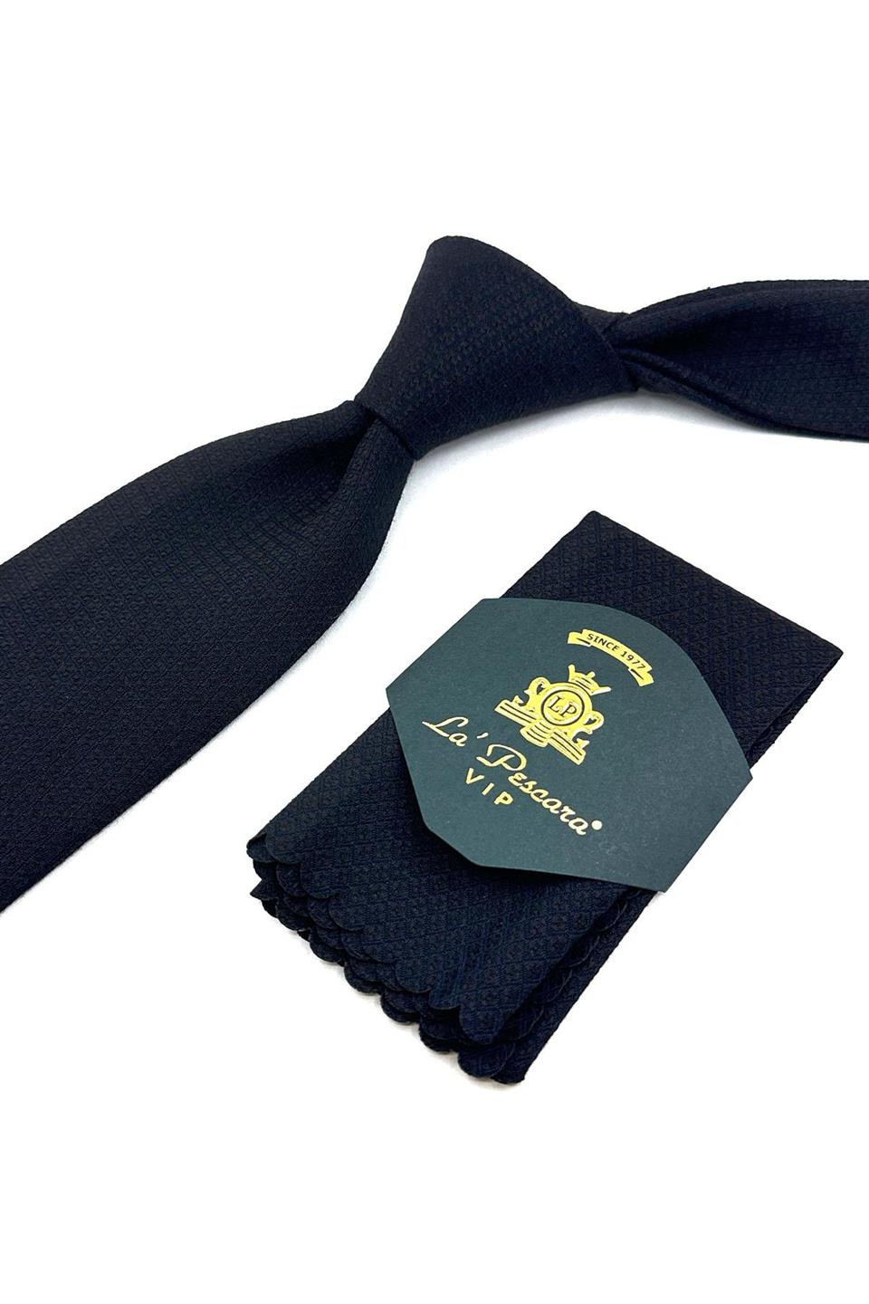 Siyah - Kahve Küçük Desen Mendilli Klasik Yün Kravat KK12144