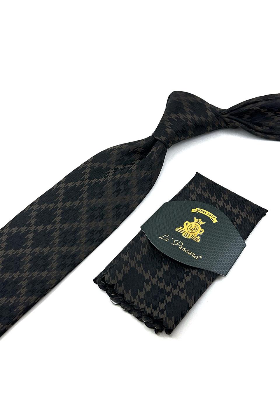 Siyah - Kahve Motif Desen Mendilli Klasik Kravat KK12024